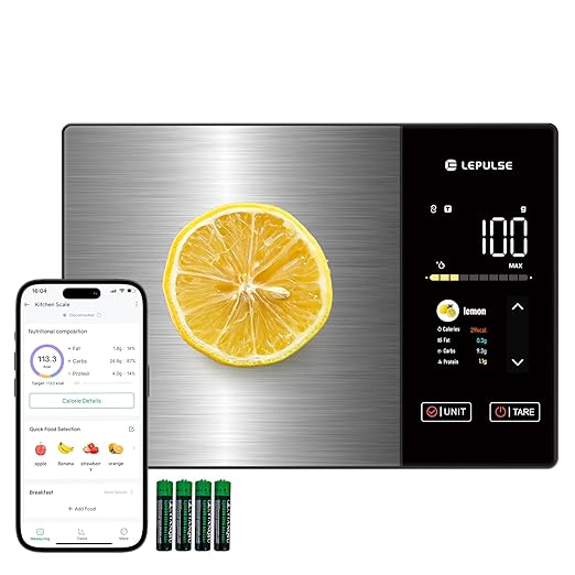 Food Scale with Nutritional Calculator, Smart Digital Kitchen Scale for Weight Loss, App with 23 Nutrients Tracking, Calorie, Fat, Carbs, Premium Stainless Steel, 11lb