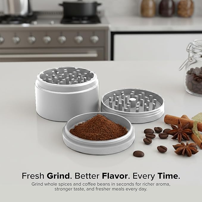 HerbSaver 2.5 Inch Aluminum Spice Grinder – Manual Kitchen Grinder with Sharp Teeth, Magnetic Lid, Matte Finish for Pepper, Salt and Seasonings (Silver)