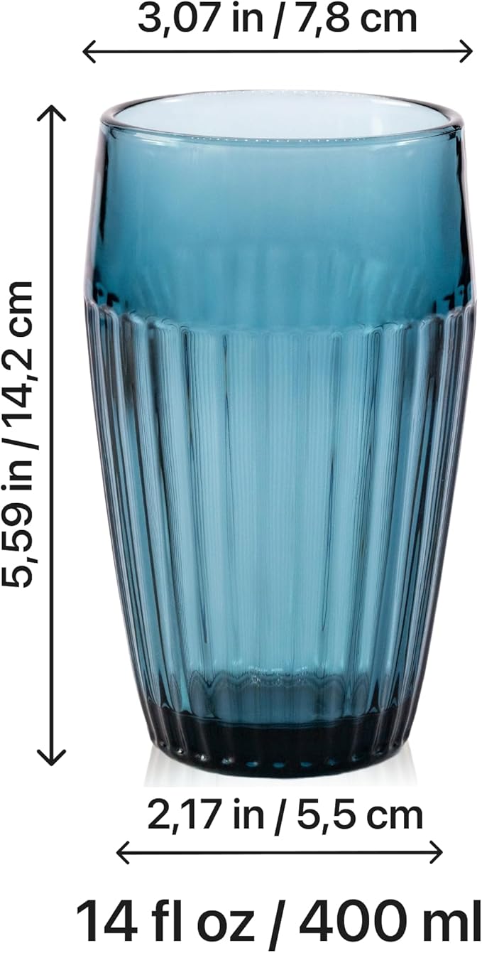 Blue Drinking Glasses Set of 4, 14 oz Ribbed Textured Glass Tumblers, Tall Retro Colored Drinkware for Water & Cocktails, Decorative Highball Glasses for Home & Bar, Modern Vintage Glassware Gift Set