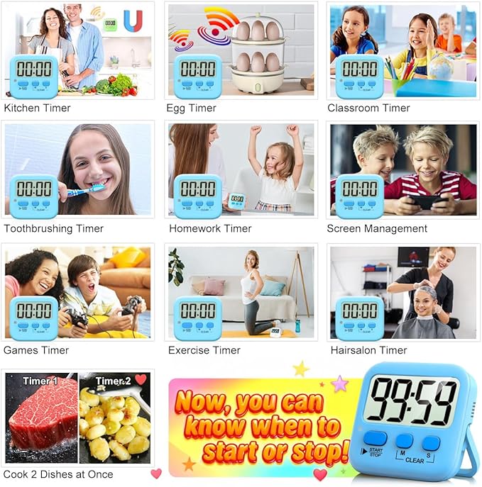 Antonki 2 Pack Digital Timer for Kids, Magnetic Countdown Kitchen Timers for Cooking, Egg, Classroom, Teacher, Exercise, Study, Oven - Battery Included