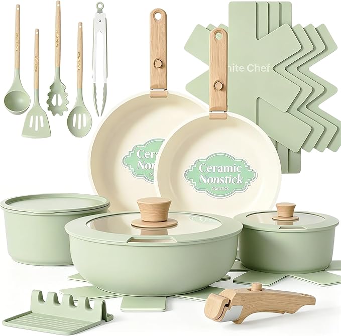 Umite Chef Non Stick Pots and Pans Set, 21 Pcs Ceramic Kitchen Cookware Set with Detachable Handle, Nonstick Healthy Induction Cookware, Dishwasher RV Cookware Set, Oven Safe, Stackable, Sage Green