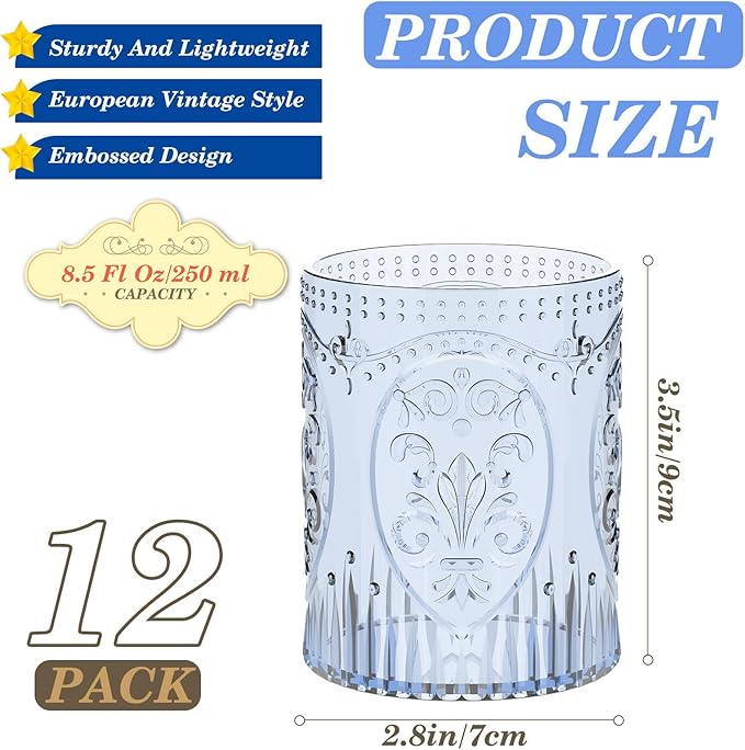 Qinyoung 12 Plastic Vintage Drinking Glasses 8.5oz Stemless Retro Embossed Wine Glasses Shatterproof Reusable Cups for Baby Shower Wedding Reception Grand Event Party (Blue)