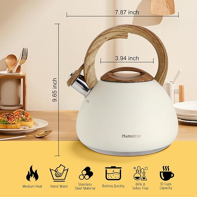 MARSKITOP Tea Kettle, 2.6 Quart Tea Pot for Stove, Food Grade Stainless Steel Whistling Teapot for Stovetop with Anti-Hot Handle, Suitable for All Heat Sources, Cream White