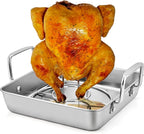 P&P CHEF Beer Can Chicken Holder with Roasting Pan Set, 9-inch Stainless Steel Square Baking Pan and Chicken Rack For Grilling, Heavy Duty & Dishwasher Safe, 2Pcs