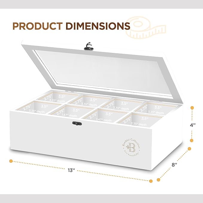 Tea Bag Organizer - White Bamboo Tea Box Organizer Storage Box, Tea Bag Holder with Acrylic Window, Magnetic Lid Keeps Tea Bags Fresh - Tea Organizer Caddy (Tea Not Included) Christmas Gift