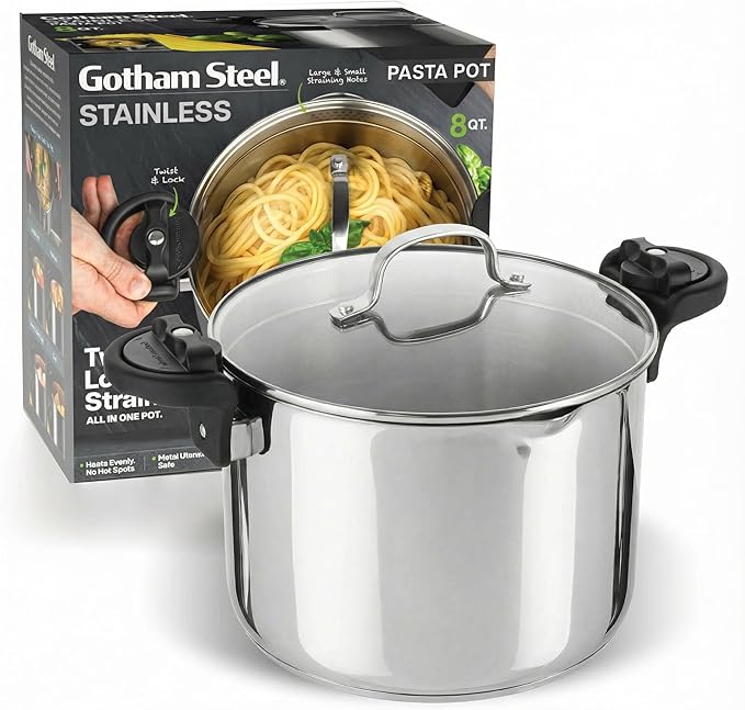 GOTHAM STEEL 8 Qt Nonstick Pasta Pot with Strainer Lid, Stainless Steel Stock Pot, Twist & Lock Handles, 2 Strainer Sizes, PFOA Free, for Soup & Spaghetti, Induction Ready, Oven & Dishwasher Safe