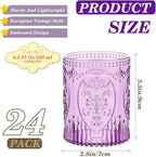 Qinyoung 24 Plastic Vintage Drinking Glasses 8.5oz Stemless Retro Embossed Wine Glasses Shatterproof Reusable Cups for Baby Shower Wedding Reception Grand Event Party (Purple)
