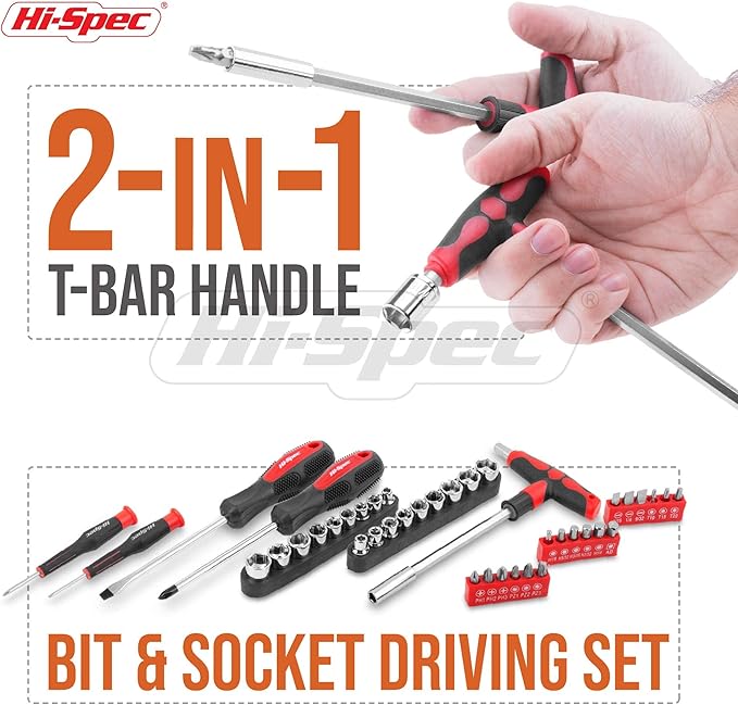 Hi-Spec 73pc Home and Garage Tool Kit Set. Essential Household and Auto Repair Tools. Includes Pliers, Sockets, Wrenches and a Hex Key Set in a Toolbox Carry Case