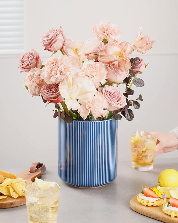 getstar Large Kitchen Utensil Holder for Kitchen Counter (H7.2” x W6.2”), Ceramic Cooking Utensil Holder with Cork Mat (Navy, Large(7.2"))