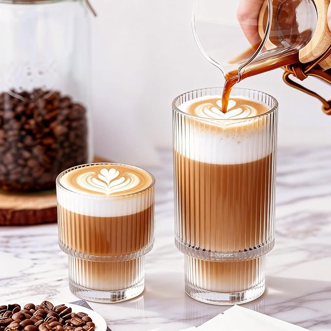 Drinking Glasses Set of 4, 16oz Glass Cups & 7oz Glasses Drinking Set, Stackable Drinkware Set, Vintage Glassware for Iced Coffee, Whiskey, Juice, Cocktail