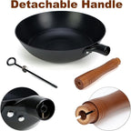 Pre-coated non-stick cast iron wok with wooden handle (no lid), suitable for gas, induction, and electric stoves, easy to use and maintain (11 inches)