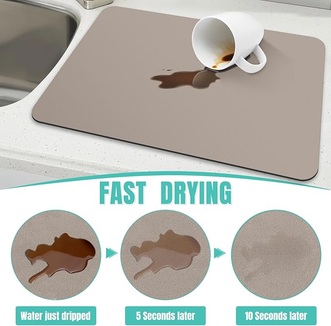 WISELIFE Coffee Mat Super Absorbent Dish Drying Mat Coffee Bar Accessories Match with Machine Large Drying Mats for Kitchen Counter 12" W x 19" L, Khaki