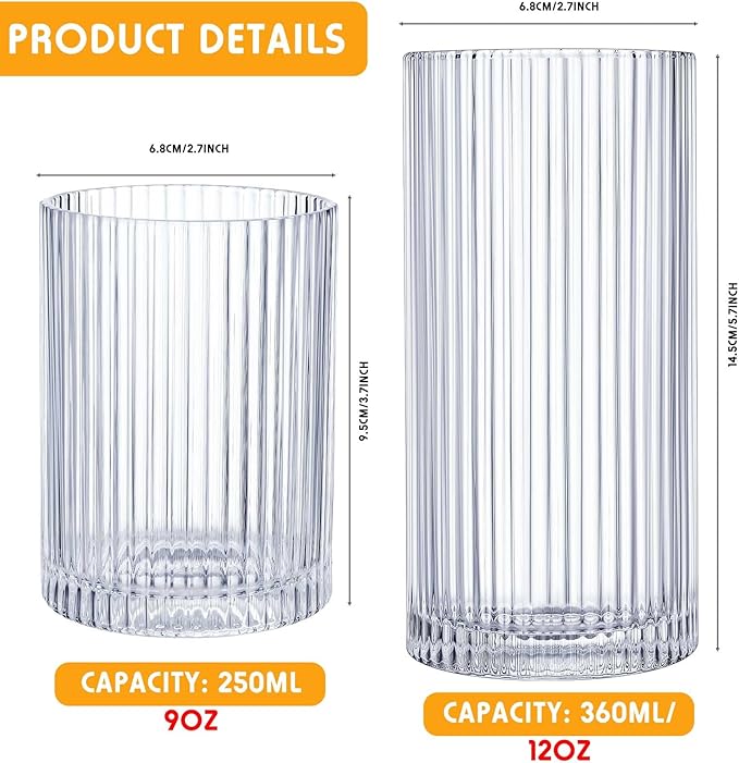 Zhehao 12 Pcs Ribbed Drinking Glasses Set 9 oz 12 oz Glass Cups Vintage Glassware Ribbed Cocktail Cup Clear Ice Coffee Highball Ripple Drinkware for Home Bar Beverages