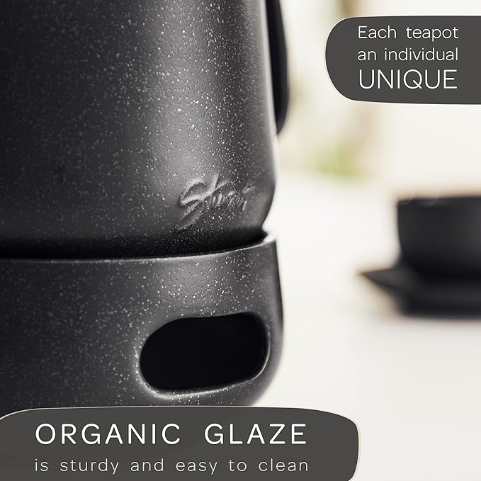 Steinzeit Design Tea Pot with Warmer (44 oz) - Premium Ceramic Teapot with Infuser for Loose Tea - Black Teapot Ceramic with Removable Steamer