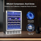 ORYMUSE 24 Inch Wine Cooler Refrigerator, 46 Bottle Dual Zone Wine Fridge with Stainless Steel Glass Door, Adjustable Shelves, Upgraded Compressor, Built-In Freestanding for Home, Bar, Kitchen