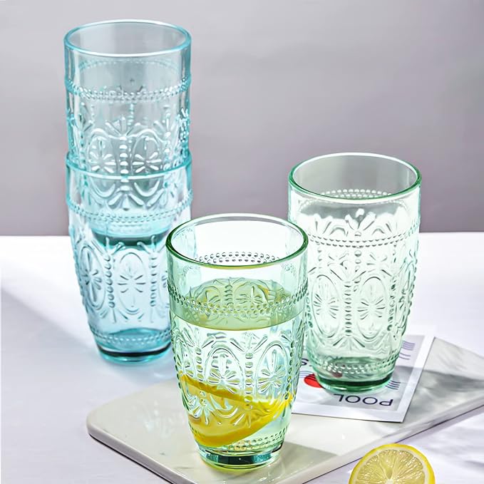 CREATIVELAND Colored Vintage Drinking Glasses Set of 4, 15.5 oz Romantic Embossed Water Glasses, Colored Tumblers Tempered Glass for Juice, Beverages, Beer, Cocktail