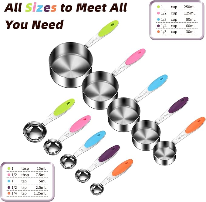 Measuring Cups and Spoons Set 304 Stainless Steel Measuring Spoons Liquid Measuring Cups, Metric and US Measurements, Stackable Cups and Spoons, Fits for Measuring Dry and Liquid Ingredients