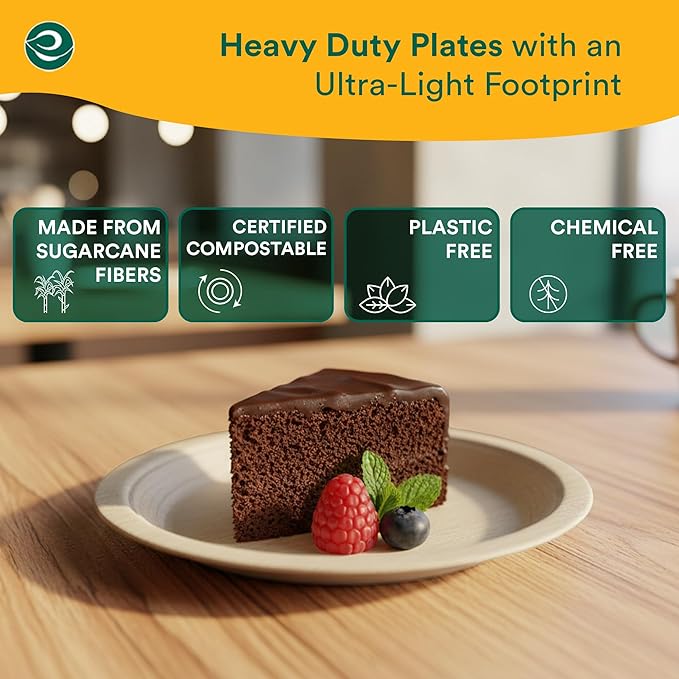 ECO SOUL Compostable Paper Plates 6 Inch (100 Count) Plates for Christmas Dessert, Heavy Duty, Eco-Friendly Sugarcane Bagasse Small Plates For Appetizer- Natural Brown