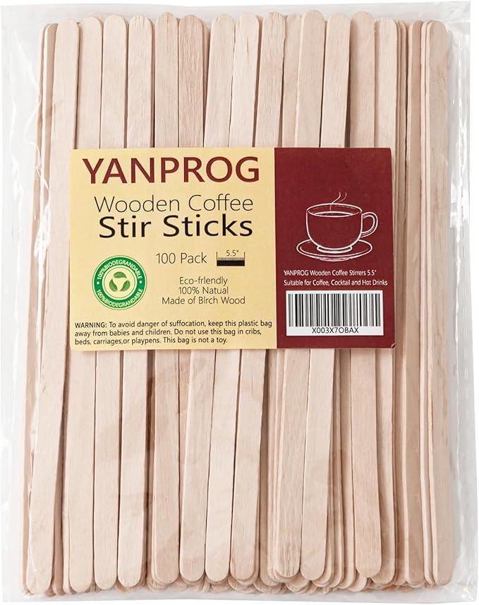 Wooden Coffee Stirrers 5.5" Coffee Stir Sticks 100 Pcs, Natural Birch Round End Thick Birch Wood Eco-Friendly， Suitable for Coffee, Cocktail and Hot Drinks