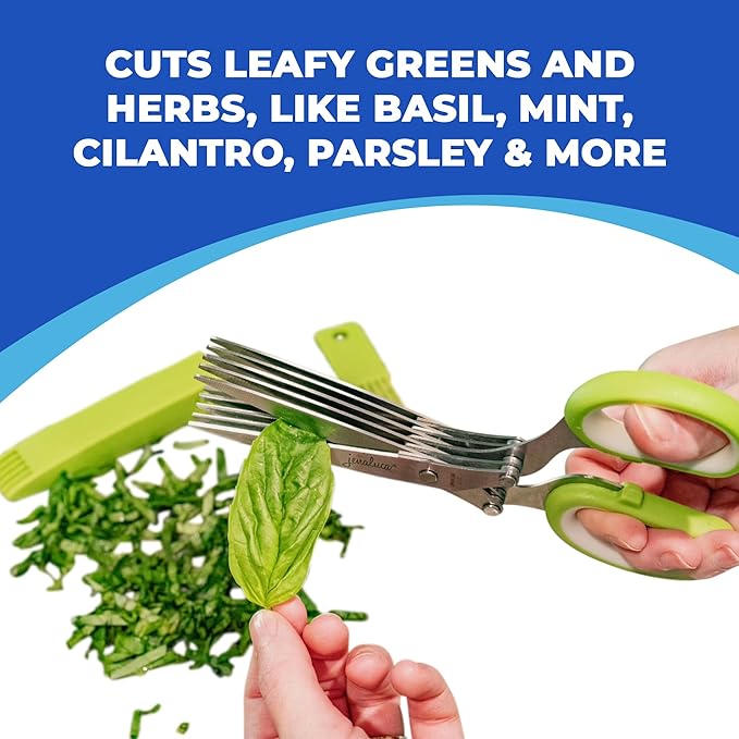 Jenaluca 5 Blade Herb Scissors - Cut & Chop Fresh Herbs & Leafy Greens - Salad Scissors - Stainless Steel Kitchen Shear Set with Cleaning Comb & Safety Cover - Kitchen Gadget - Green