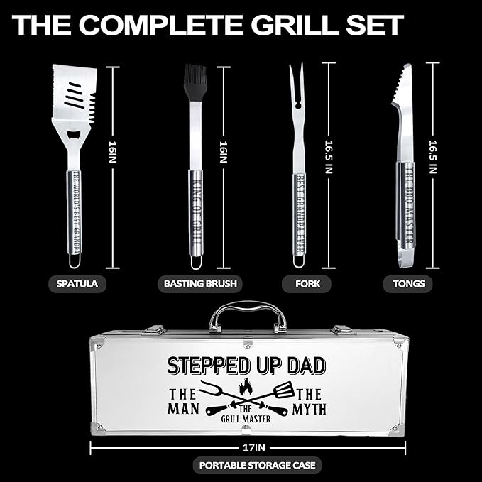 Step Dad Gifts, Fathers Day Step Dad Gifts from Step Daughter Heavy Duty Grilling Accessories Kit for Backyard BBQ, Thick Stainless Steel Grill Utensils with Non-Slip Handle Tool Grilling Gift for Man