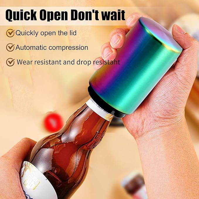 Automatic Beer Bottle Opener with Magnetic Cap, Stainless Steel One-Handed Lid Opening Spring Loaded Push&Pop Bottle Opener for Home Bars Picnic Camping Hiking（2PCS）