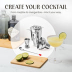 Modern Mixology Cocktail Shaker Set - Bartender Kit with Pine Stand | Leak-Proof Design | Includes Martini Shaker, Jigger, Strainer, Spoon, Tongs | Perfect Bar Tools Gift for Home Mixology (Silver)