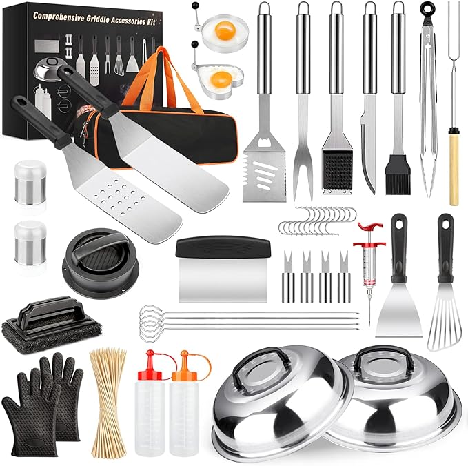 Griddle Accessories Kit, 144 Pcs Griddle Grill Tools Set for Blackstone and Camp Chef, Professional Grill BBQ Spatula Set with Basting Cover, Spatula, Scraper, Bottle, Tongs, Egg Ring (Rectangular)