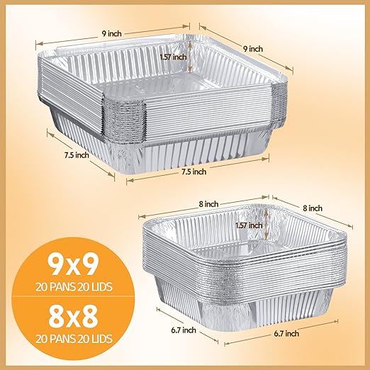 40 Pack Disposable Aluminum Pans Combo Set-9x9 (20pc) Square Tin Foil Pans & 8x8(20pc) Square Aluminum Foil Pans,For Meal Prep,Food Cooking,Roasting,Heating. (40 Pack)