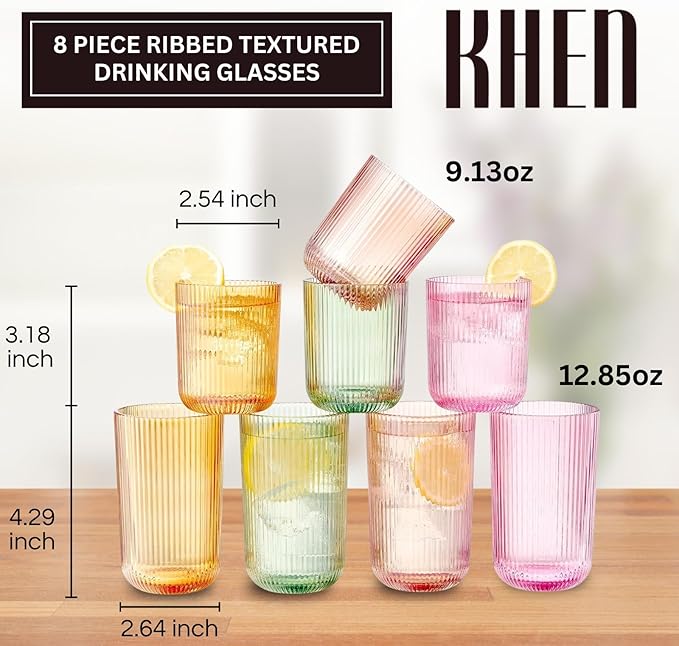 Khen Ribbed Textured Glassware | 8 Piece Set with 4 Highball 12.85oz and Lowball 9.13oz Tumblers Durable Reusable Water Juice Soda Iced Coffee Cocktail Lemonade Cups Dishwasher Safe