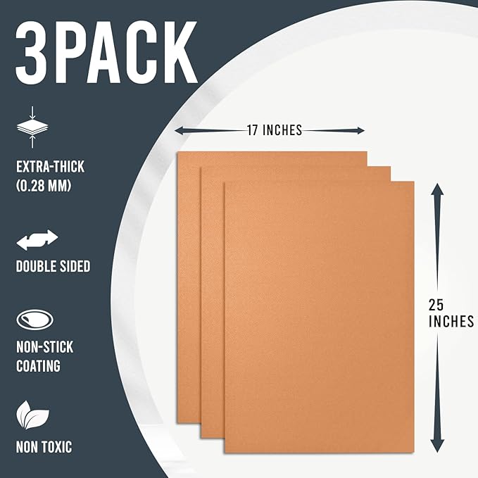 Non Stick Oven Liners for Bottom of Oven, 3 Pack Large Heavy Duty Mats, 17” x 25” BPA and PFOA Free Reusable Mat for Toaster Electric Gas Stove Microwave Charcoal or Gas Grills (Copper)