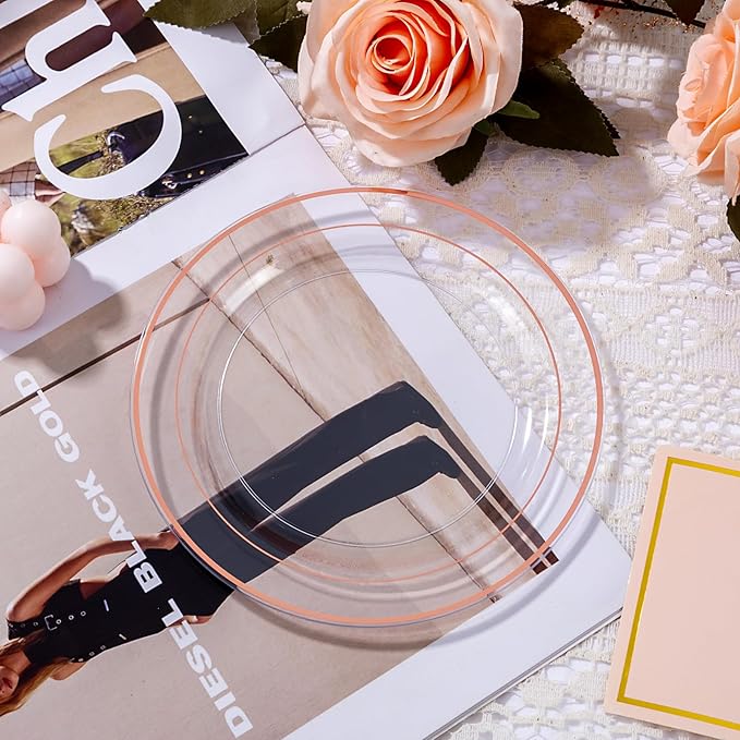 bUCLA 100PCS Clear Rose Gold Plastic Plates Disposable - Heavy Duty 6.25 Inch Clear Plastic Dessert Plates with Rose Gold Trim - Ideal for Party, Wedding & Mother’s Day
