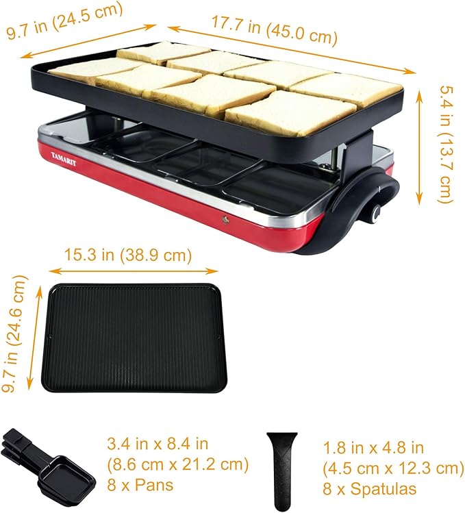 TAMARIT Classic 8 Person Raclette Grill 1500W Electric Tabletop Griddle with Reversible Plate, 8 Non-Stick Cheese Trays and Spatulas Indoor Portable Korean BBQ Barbecue Party Grill Red