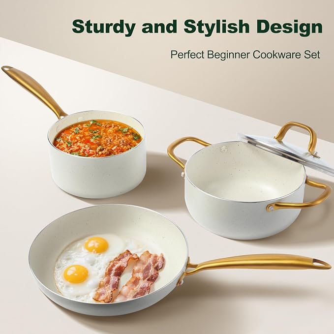 M MELENTA Pots and Pans Set Non Stick, 7 Piece White Granite Induction Cookware Set, Nonstick Kitchen Cooking Set with Gold Handle and Utensil, Oven Safe (PFOS, PFOA Free)
