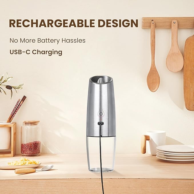 Rechargeable Electric Salt And Pepper Grinder Set, Automatic Gravity Electric Salt And Pepper Grinder Set, Adjustable Roughness, Led Light, 2 Pack, (Silver)