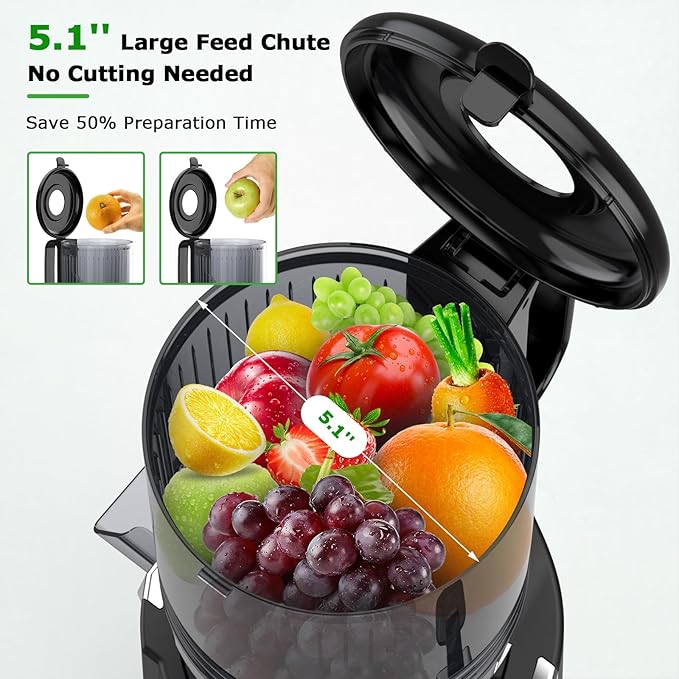 OMMO Cold Press Juicer Machines : 5.1" Wide Feed Chute Slow Masticating Juicer for Whole Fruits & Vegetables, Easy to Clean, High Juice Yield, BPA Free, Black