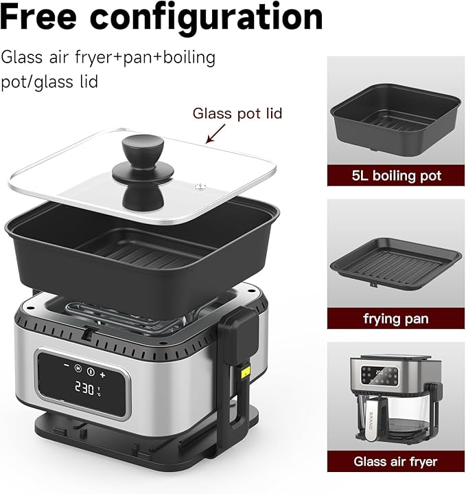 3-in-1 Air Fryer Oven, 5.2QT with See-Through Window, 8 Presets Touchscreen, Multi-Cooker for Air Frying, Roasting, Baking, Dehydrate, Reheat & Stewing, Turbo Crisp Technology, No Flip Needed.