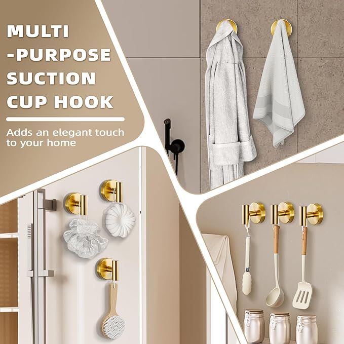Suction Cup Hooks for Shower - Bathroom Reusable Hooks for Towels, Robes & Loofah - No-Drill Mounting on Kitchen,Walls,Metal,Glass,Mirrors,Tile & Smooth Non-Porous Surfaces (4, Brushed Gold)