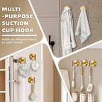Suction Cup Hooks for Shower - Bathroom Reusable Hooks for Towels, Robes & Loofah - No-Drill Mounting on Kitchen,Walls,Metal,Glass,Mirrors,Tile & Smooth Non-Porous Surfaces (4, Brushed Gold)