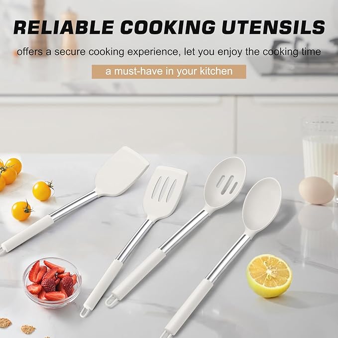 TeamFar Kitchen Utensils, 4 PCS Silicone Cooking Utensils with Stainless Steel Handle, for Nonstick Cookware Frying/Flipping/Draining, Non-toxic & Heat-proof, Non-scratch & Dishwasher Safe
