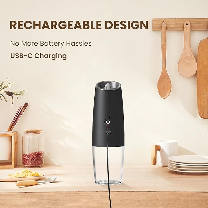 Rechargeable Electric Salt And Pepper Grinder Set, Automatic Gravity Electric Salt And Pepper Grinder Set, Adjustable Roughness, Led Light, 1 Pack, (Black)
