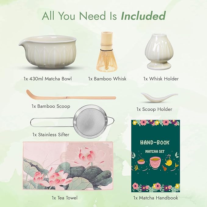 Matcha Whisk Set - 7pcs Japanese Tea Ceremony Kit with Spouted Bowl & Bamboo Whisk, Matcha Starter Kit for Beginners - Authentic Green Tea Accessories, Gift Set for Lovers-Pale Yellow