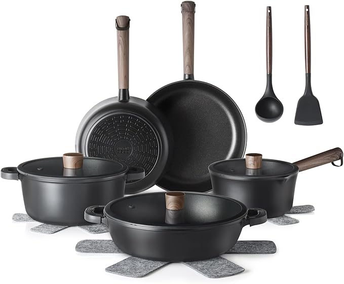 SENSARTE 17Pcs Nonstick Cookware Set Pots and Pans Set Kitchen Cooking Frying Pans with Stay-cool Handle, Dishwasher Safe, Induction Compatible, PFOA/PFOS Free, Black