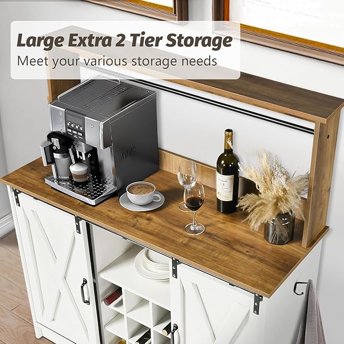 4ever2buy Farmhouse Coffee Bar Cabinet with Hutch, 47 Inch Buffet Cabinet with Storage, White Wine Bar with 9 Wine Racks and 6 Hooks, Coffee Bar Table with Adjustable Shelves for Living Dining Room