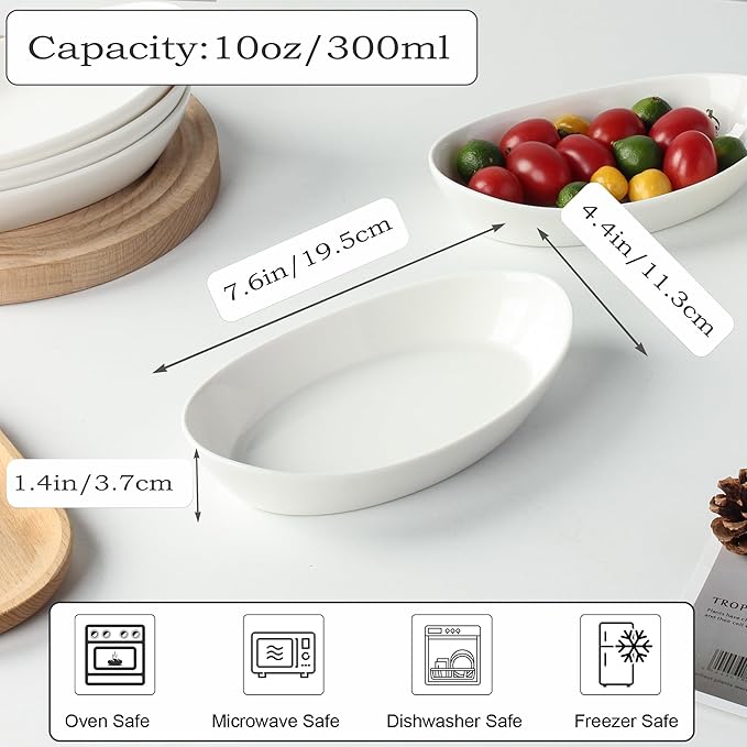 Au Gratin Baking Dishes for Oven Safe, Porcelain Mini Casserole Dish (8pc Set). 10oz Individual Gratin Dishes Set, Ceramic Small Baking Dish for Single Serving, Banana Split Bowls, 7.6x4.4in