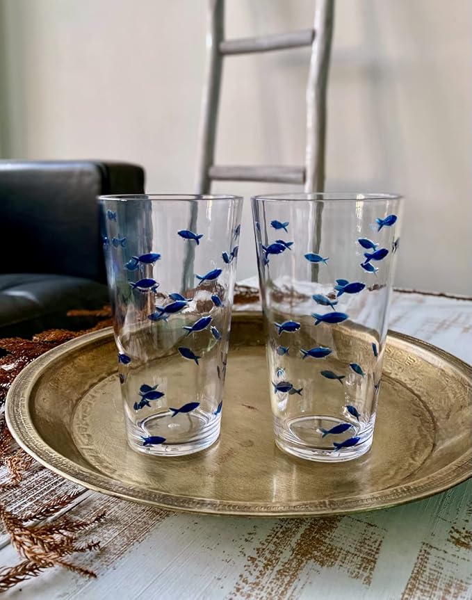 KLIFA- CHARLESTON- 19 oz, Set of 6, Acrylic Fishing Highball, School of Fish Drinking Glasses, BPA-Free, Stackable Plastic Drinkware, Dishwasher Safe Cups, Clear with Dark Blue Printing