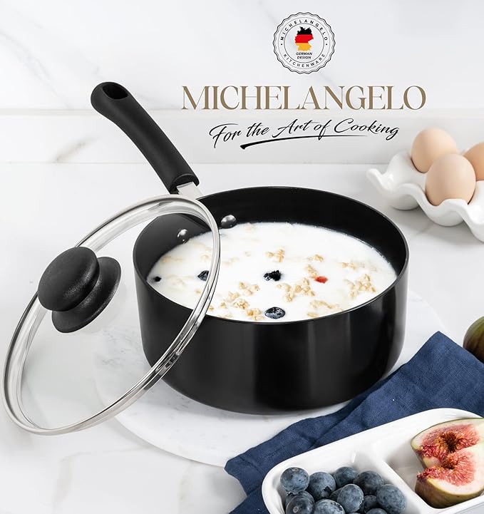MICHELANGELO Nonstick Saucepan with Lid, Ceramic Sauce Pan Sets, Easy to Clean Sauce Pans, Multi-Purpose Cooking Pots, 2QT, Black