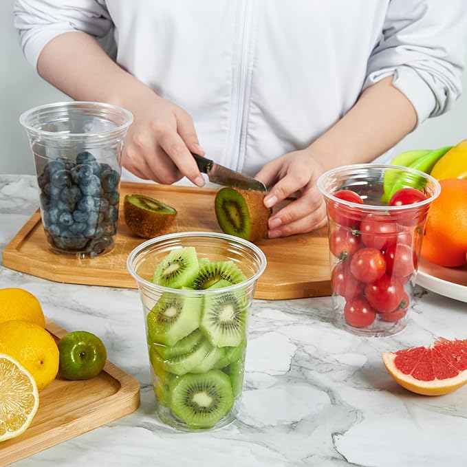 Vplus 200 Pack 12 OZ PET Clear Plastic Cups with Lids, 12 OZ Crystal Cold Disposable Drinking Plastic Cups with Flat Lids, Perfect for Ice Coffee, Smoothie, Juice