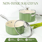 MICHELANGELO Sauce Pan with Lid, Non Stick Saucepan Set of 3-1Qt & 2Qt & 3Qt Small Pots for Cooking, Ceramic Saucepan - Non-Toxic, Scratch-Resistant, Oven Safe, Natural Green