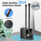 HAMITOR Toilet Plunger and Brush Set: 2 in 1 Stainless Steel Combo with Curved Bristles - Heavy Duty Toilet Unclogging for Family Bathroom - Compact Hideaway Apartment Cleaning Accessories - Black